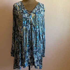 FREE PEOPLE Crisscross Paisley Tunic in Teal and Blue With Side Pockets